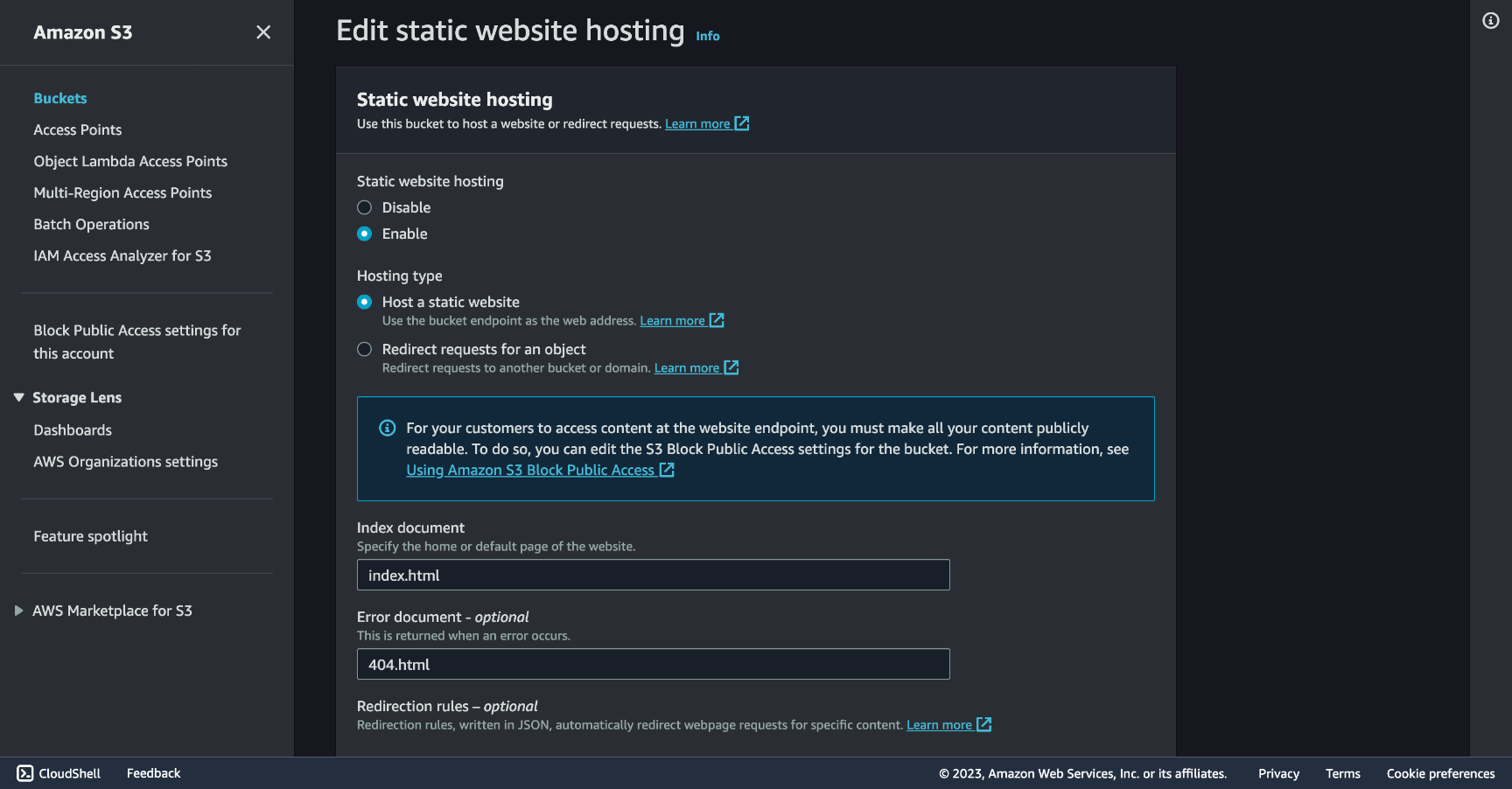 Enable S3 static site hosting