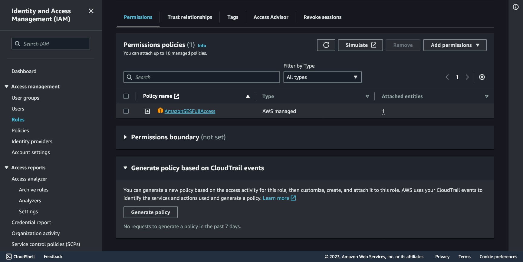 Lambda SES full access